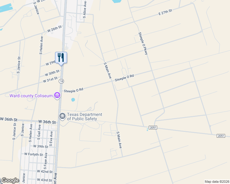 map of restaurants, bars, coffee shops, grocery stores, and more near Main Street in Monahans
