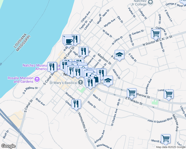 map of restaurants, bars, coffee shops, grocery stores, and more near 611 Jefferson Street in Natchez