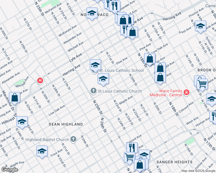 map of restaurants, bars, coffee shops, grocery stores, and more near 2212 Windsor Avenue in Waco