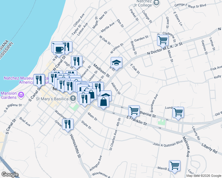map of restaurants, bars, coffee shops, grocery stores, and more near Byrne Street in Natchez