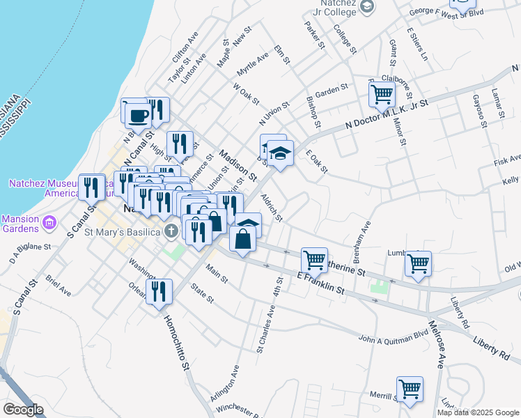 map of restaurants, bars, coffee shops, grocery stores, and more near Byrne Street in Natchez