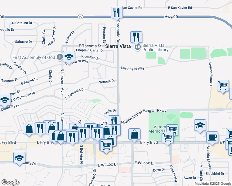 map of restaurants, bars, coffee shops, grocery stores, and more near 565 Cibola Way in Sierra Vista