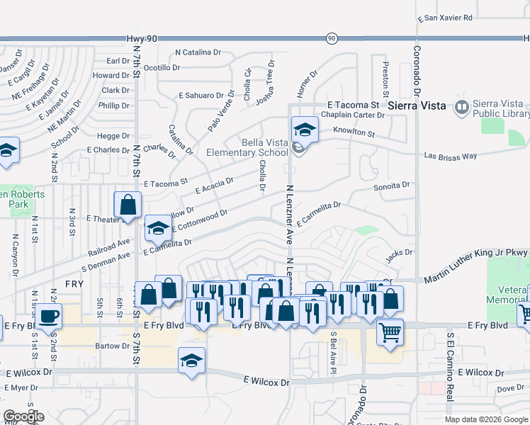 map of restaurants, bars, coffee shops, grocery stores, and more near 1365 Carmelita Dr in Sierra Vista
