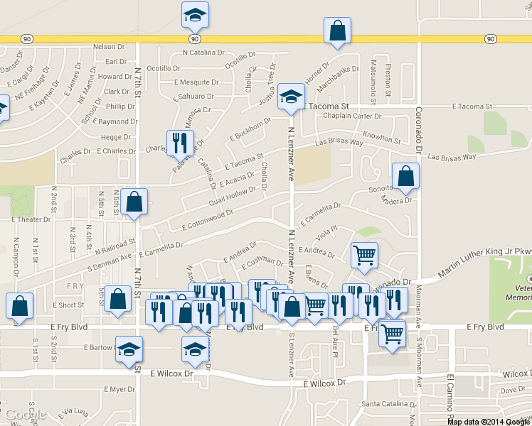 map of restaurants, bars, coffee shops, grocery stores, and more near 1365 Carmelita Dr in Sierra Vista