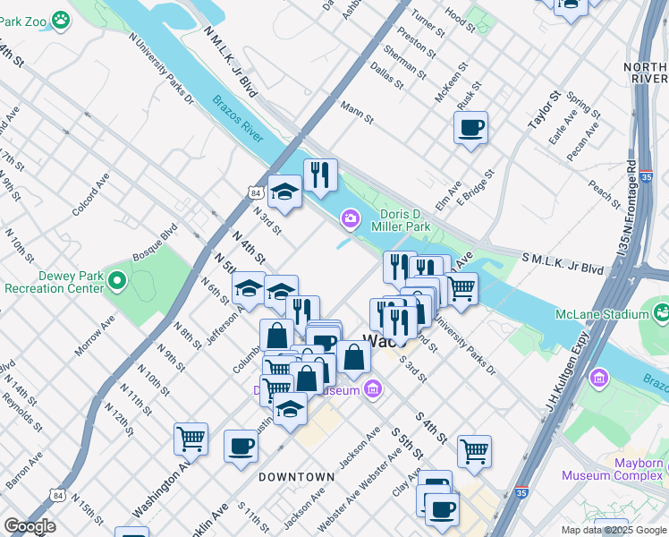 map of restaurants, bars, coffee shops, grocery stores, and more near 215 Washington Avenue in Waco