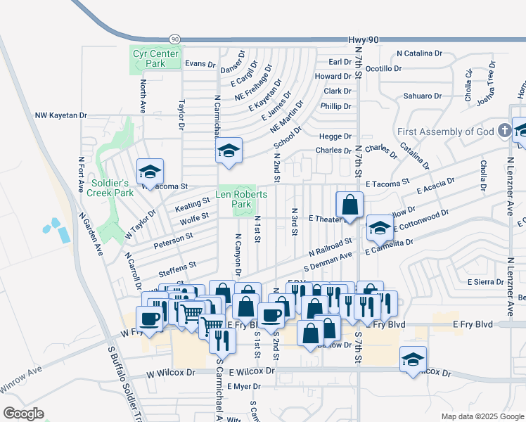 map of restaurants, bars, coffee shops, grocery stores, and more near 226 North 2nd Street in Sierra Vista
