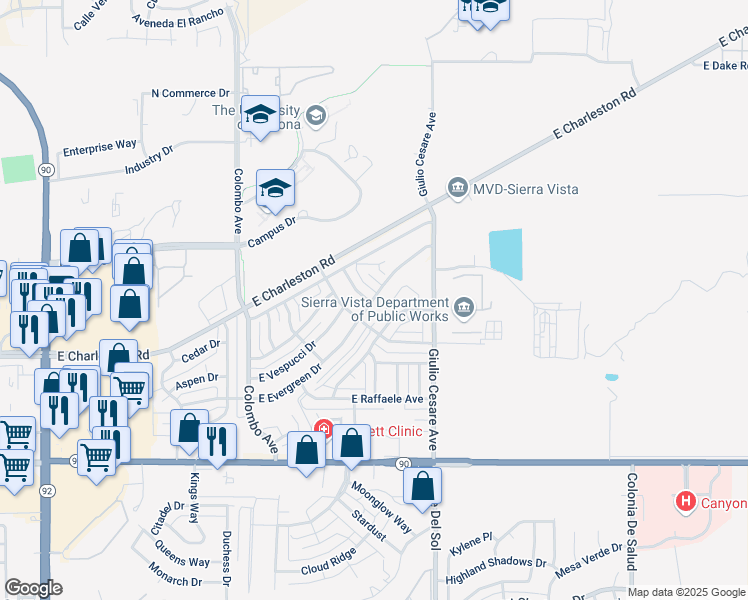 map of restaurants, bars, coffee shops, grocery stores, and more near 5056 East Evergreen Drive in Sierra Vista