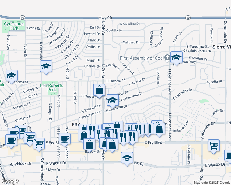 map of restaurants, bars, coffee shops, grocery stores, and more near 970 Quail Hollow Drive in Sierra Vista