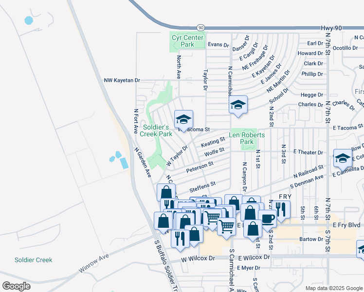 map of restaurants, bars, coffee shops, grocery stores, and more near 548 Graham Place in Sierra Vista