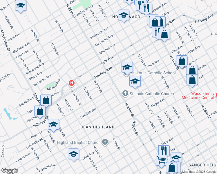 map of restaurants, bars, coffee shops, grocery stores, and more near 2625 Pine Avenue in Waco