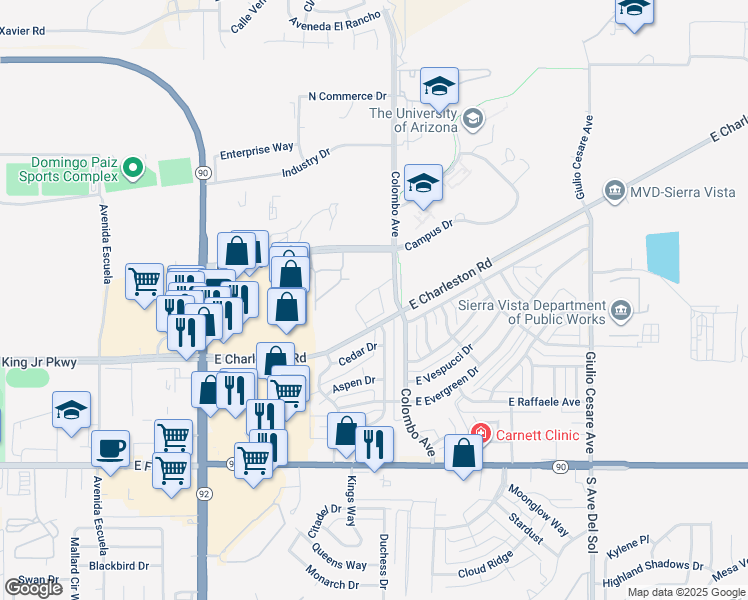 map of restaurants, bars, coffee shops, grocery stores, and more near 532 Greenleaf Avenue in Sierra Vista
