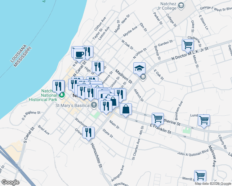 map of restaurants, bars, coffee shops, grocery stores, and more near 315 North Rankin Street in Natchez