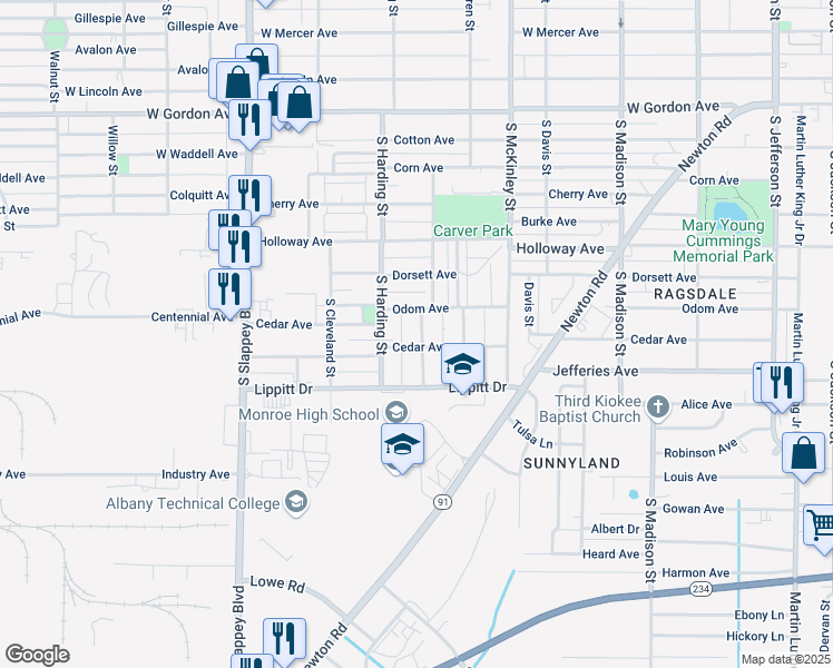 map of restaurants, bars, coffee shops, grocery stores, and more near 1300 Lee Street in Albany