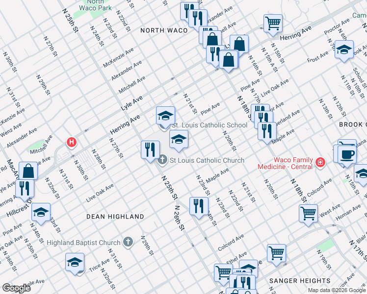 map of restaurants, bars, coffee shops, grocery stores, and more near 2225 Live Oak Avenue in Waco