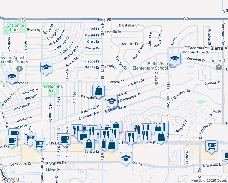 map of restaurants, bars, coffee shops, grocery stores, and more near 1005 East Acacia Drive in Sierra Vista