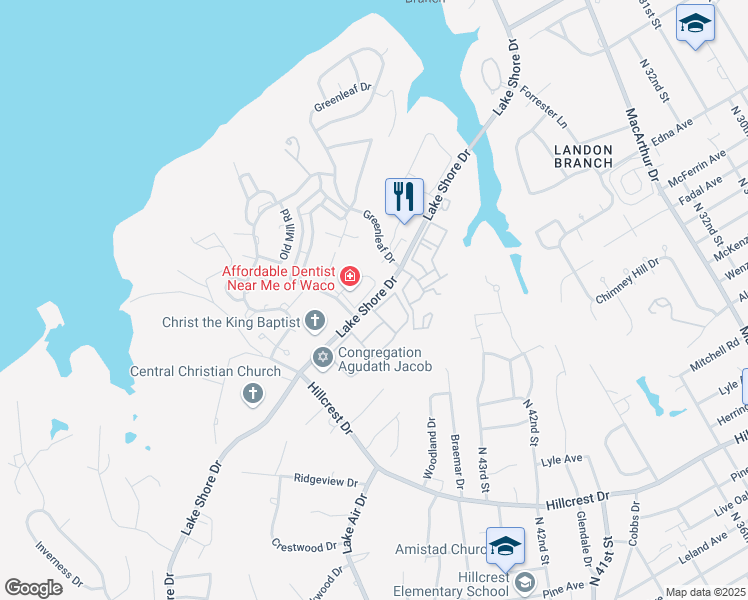 map of restaurants, bars, coffee shops, grocery stores, and more near 4547 Lake Shore Drive in Waco