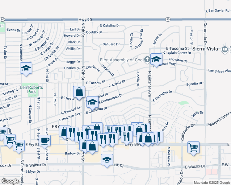 map of restaurants, bars, coffee shops, grocery stores, and more near 1148 Quail Hollow Drive in Sierra Vista