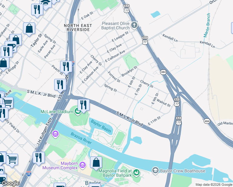 map of restaurants, bars, coffee shops, grocery stores, and more near 1120 Spring Street in Waco
