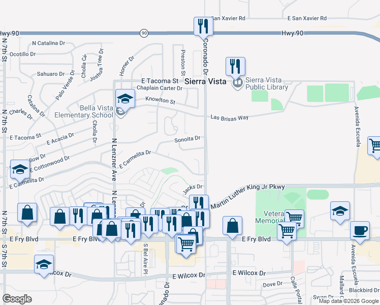 map of restaurants, bars, coffee shops, grocery stores, and more near 2232 Madera Drive in Sierra Vista
