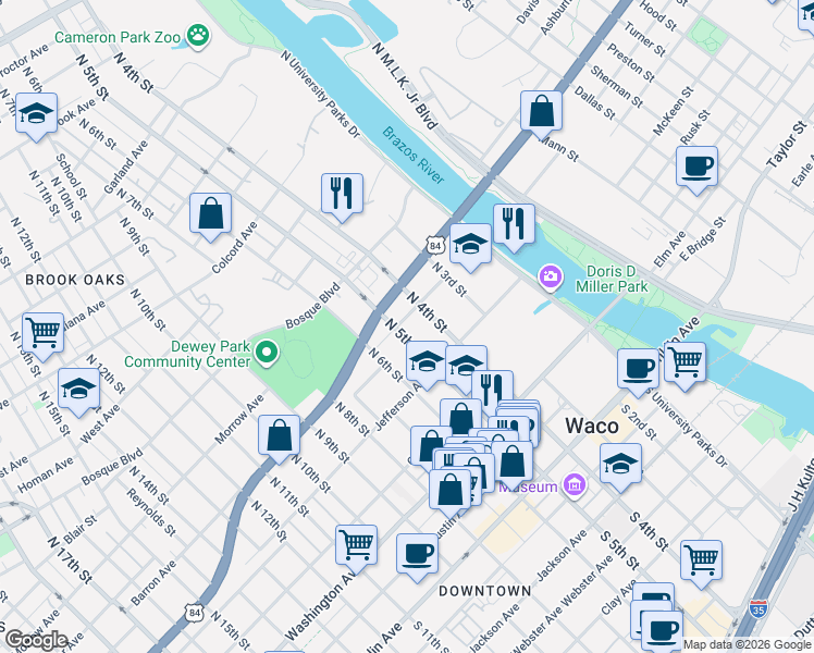 map of restaurants, bars, coffee shops, grocery stores, and more near 422 W Waco Dr in Waco