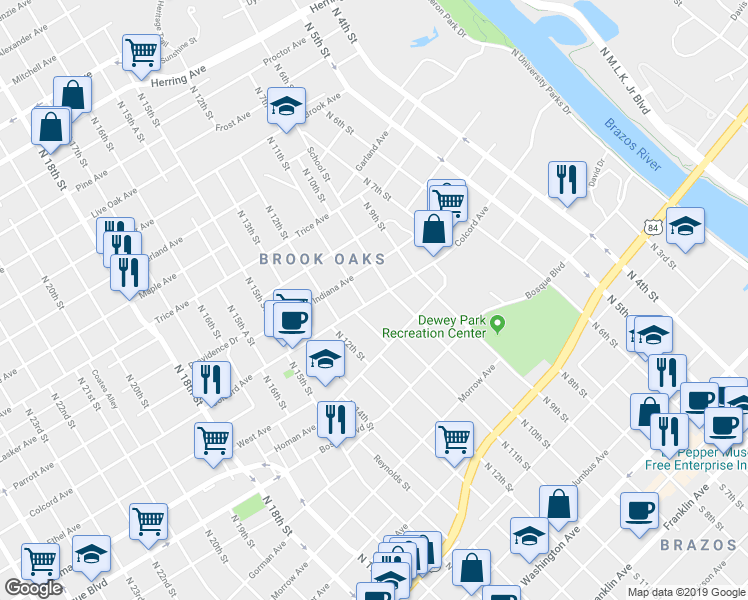 map of restaurants, bars, coffee shops, grocery stores, and more near 1006 Colcord Avenue in Waco