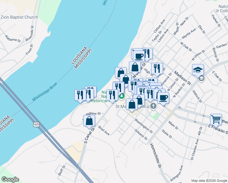 map of restaurants, bars, coffee shops, grocery stores, and more near 103 State Street in Natchez