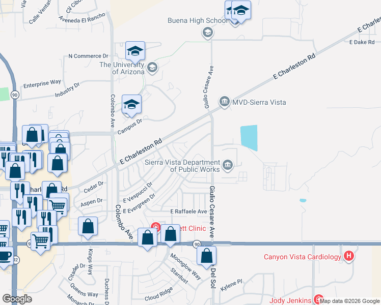 map of restaurants, bars, coffee shops, grocery stores, and more near 5104 East Evergreen Drive in Sierra Vista