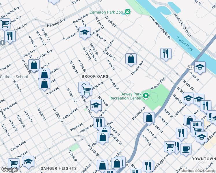 map of restaurants, bars, coffee shops, grocery stores, and more near 1505 North 11th Street in Waco