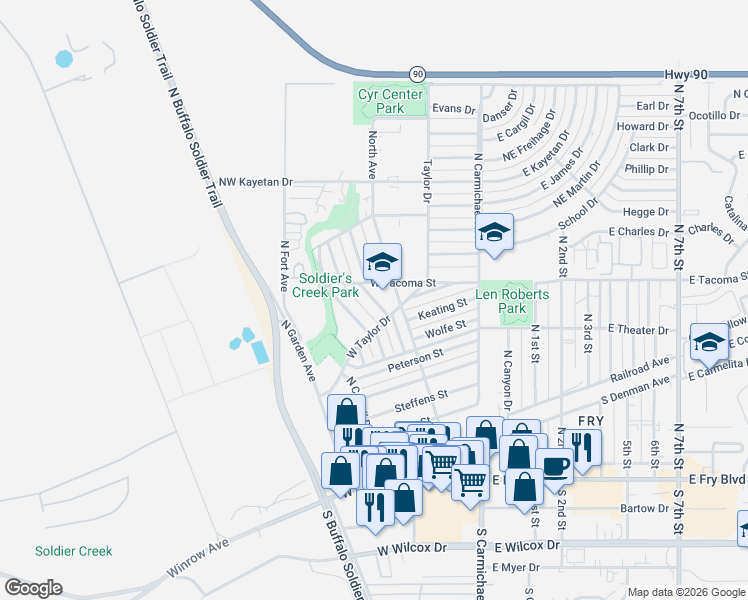 map of restaurants, bars, coffee shops, grocery stores, and more near 215 Taylor Drive in Sierra Vista
