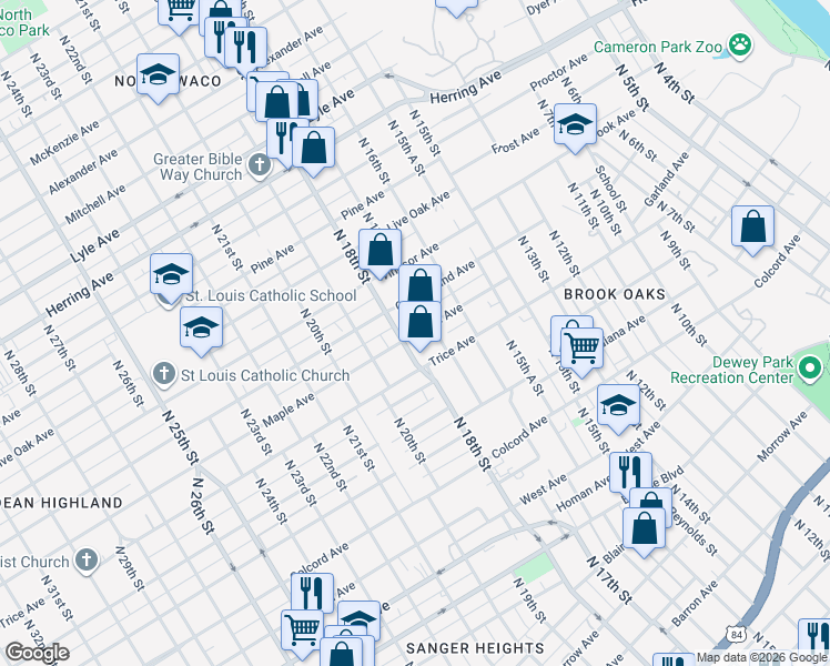 map of restaurants, bars, coffee shops, grocery stores, and more near 1620 Maple Avenue in Waco