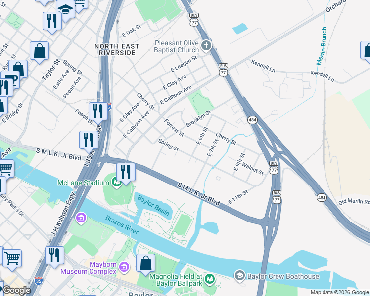 map of restaurants, bars, coffee shops, grocery stores, and more near 1120 Spring Street in Waco