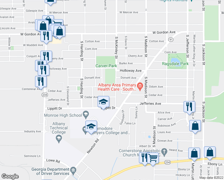 map of restaurants, bars, coffee shops, grocery stores, and more near 1301 South McKinley Street in Albany