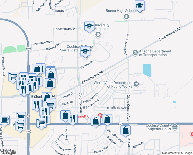 map of restaurants, bars, coffee shops, grocery stores, and more near 4945 East De Medici Drive in Sierra Vista