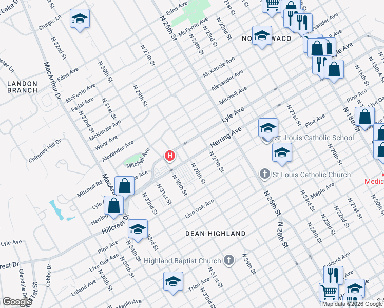 map of restaurants, bars, coffee shops, grocery stores, and more near 2733 Herring Avenue in Waco