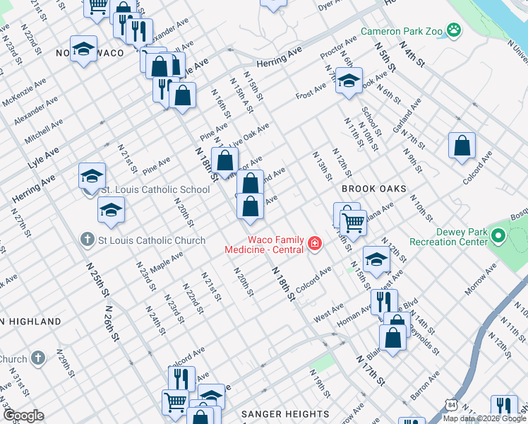 map of restaurants, bars, coffee shops, grocery stores, and more near 1620 Maple Avenue in Waco
