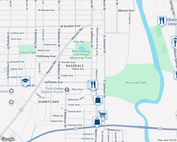 map of restaurants, bars, coffee shops, grocery stores, and more near 1301 South Jefferson Street in Albany