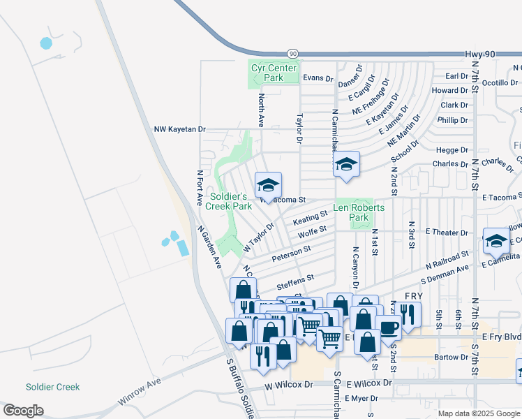 map of restaurants, bars, coffee shops, grocery stores, and more near 215 Taylor Drive in Sierra Vista