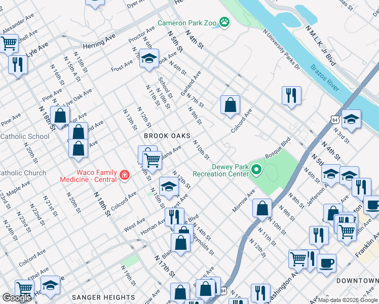 map of restaurants, bars, coffee shops, grocery stores, and more near 1511 North 11th Street in Waco