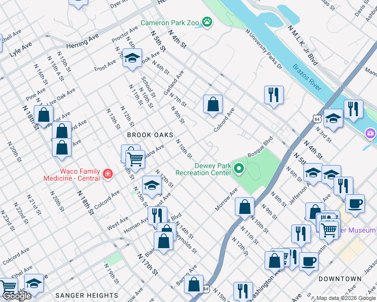 map of restaurants, bars, coffee shops, grocery stores, and more near 1329 North 10th Street in Waco