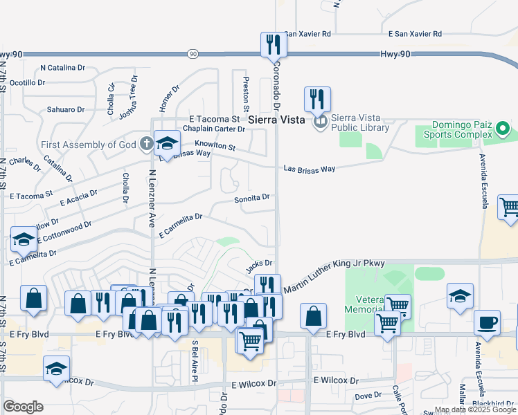 map of restaurants, bars, coffee shops, grocery stores, and more near 2265 Madera Drive in Sierra Vista