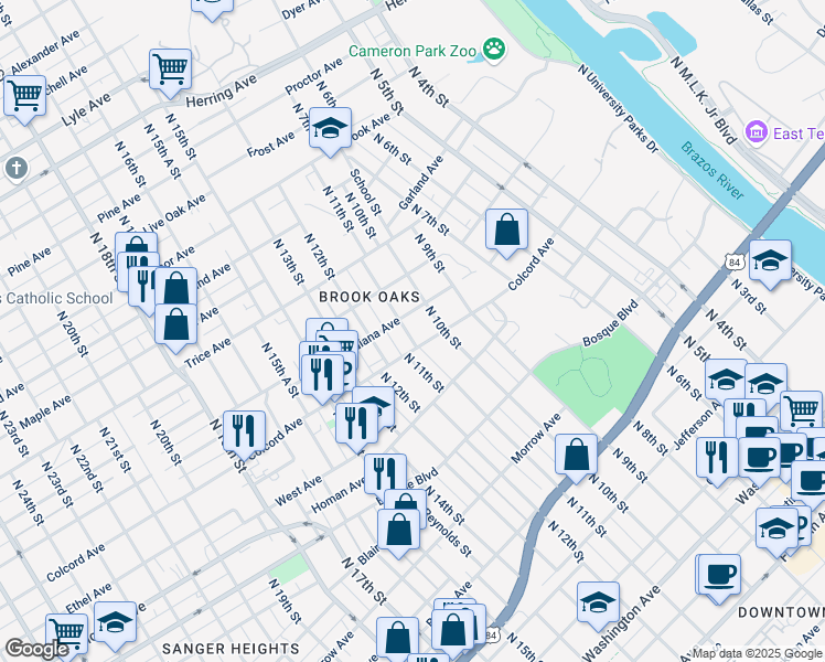 map of restaurants, bars, coffee shops, grocery stores, and more near 1511 North 11th Street in Waco