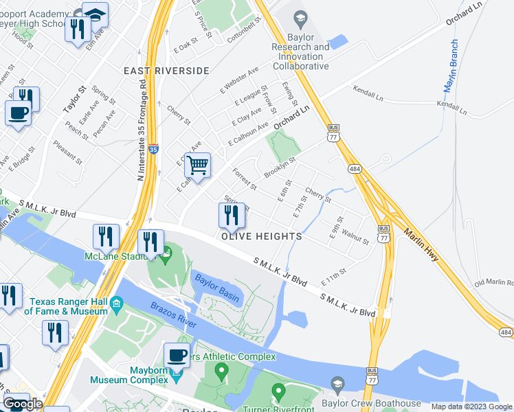 map of restaurants, bars, coffee shops, grocery stores, and more near 1120 Spring Street in Waco