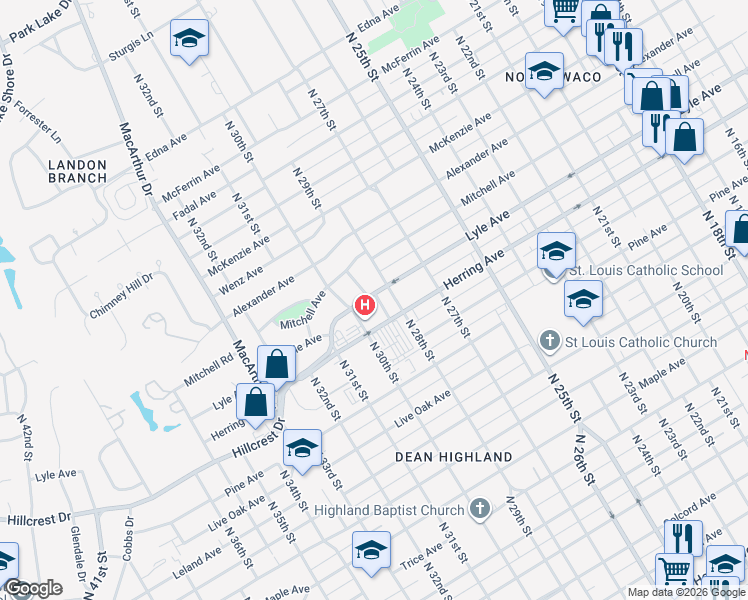 map of restaurants, bars, coffee shops, grocery stores, and more near 2812 Lyle Avenue in Waco