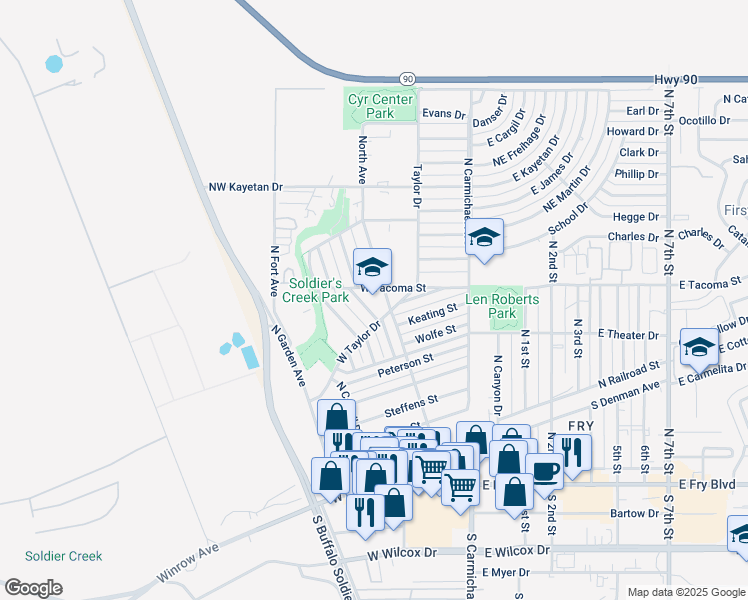 map of restaurants, bars, coffee shops, grocery stores, and more near 215 Taylor Dr in Sierra Vista