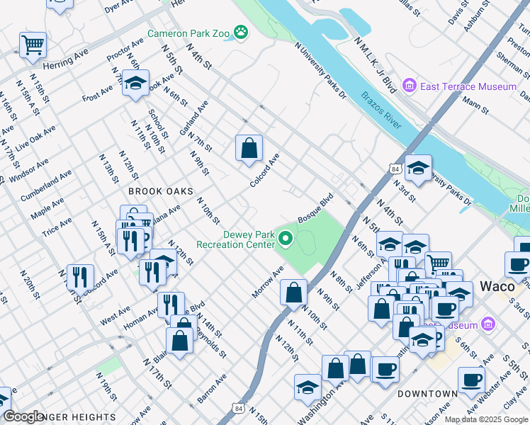 map of restaurants, bars, coffee shops, grocery stores, and more near 1100 North 6th Street in Waco