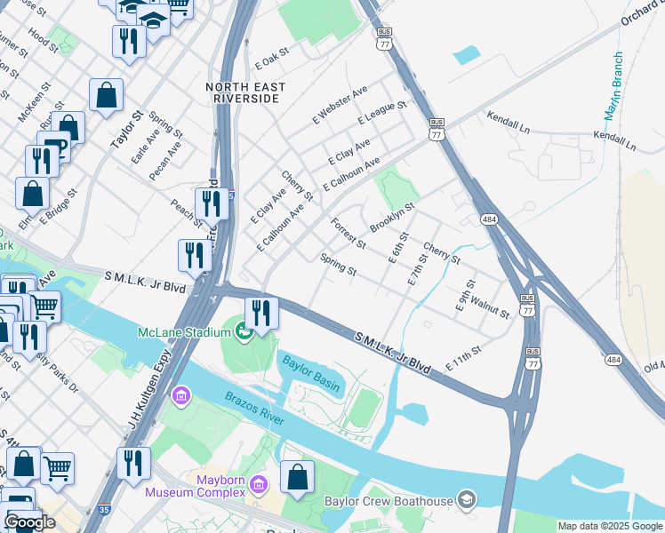 map of restaurants, bars, coffee shops, grocery stores, and more near 1105 Spring Street in Waco