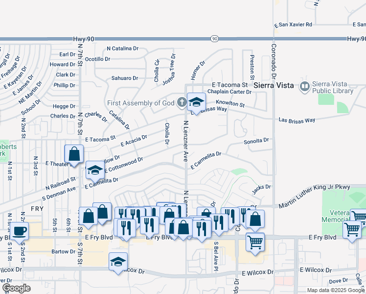 map of restaurants, bars, coffee shops, grocery stores, and more near 1478 East Cottonwood Drive in Sierra Vista