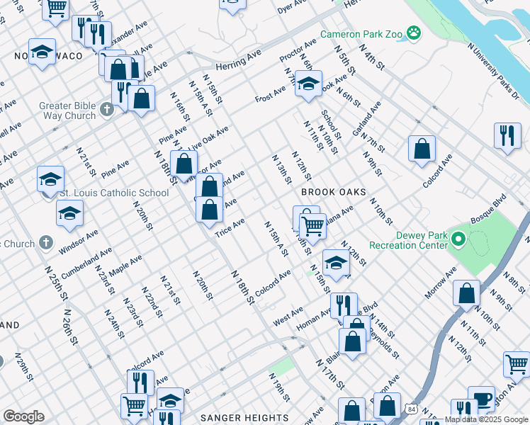 map of restaurants, bars, coffee shops, grocery stores, and more near 1653 North 15th Street in Waco