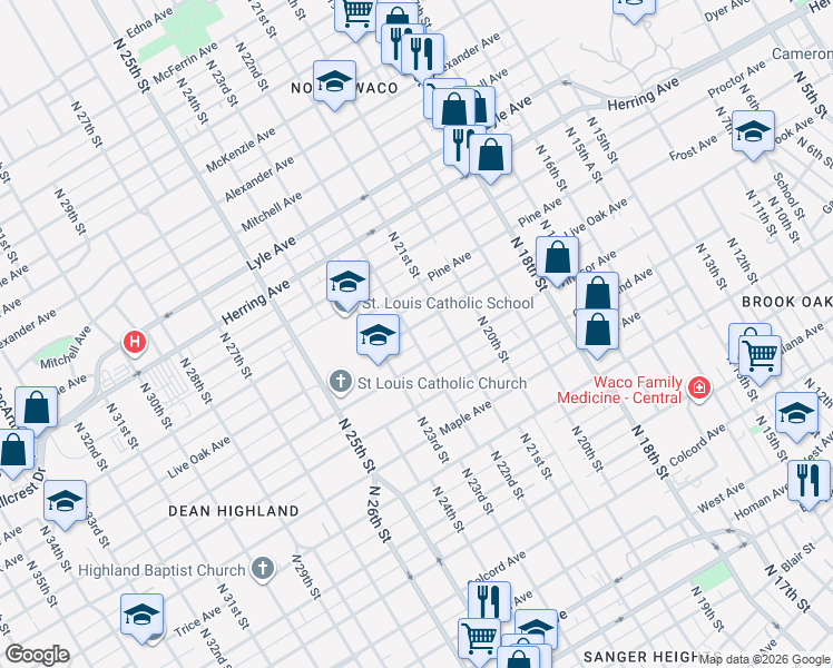 map of restaurants, bars, coffee shops, grocery stores, and more near 2126 Live Oak Avenue in Waco