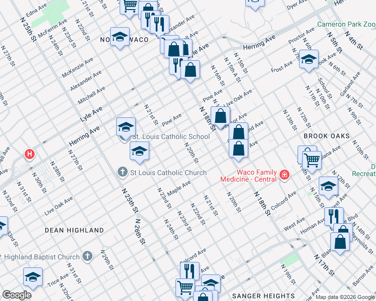 map of restaurants, bars, coffee shops, grocery stores, and more near 1924 Windsor Avenue in Waco